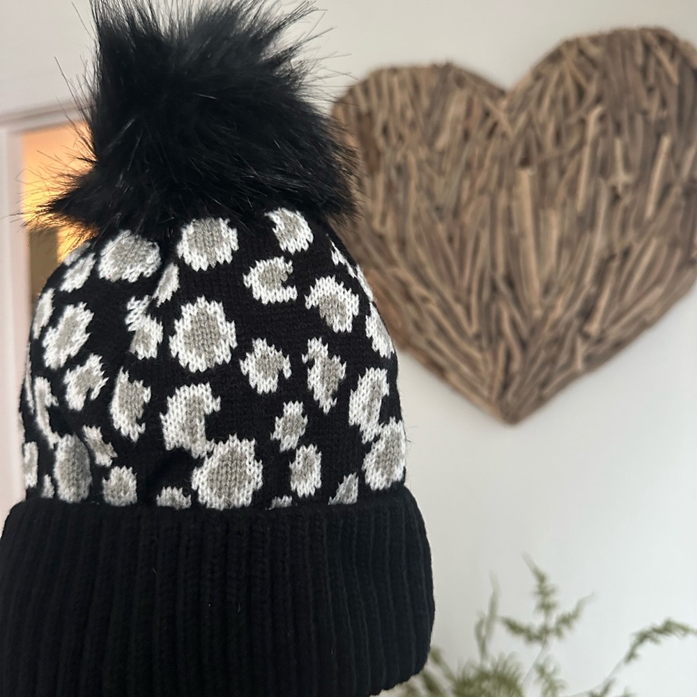 Leopard Print  Pom-Pom Beanie - Black and White